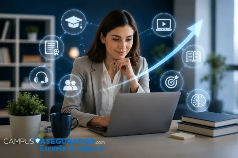 Formación continua online – Campus Asegurador Escuela de Seguros Profesional realizando formación online en un ordenador portátil con iconos digitales de aprendizaje y desarrollo profesional de Campus Asegurador.