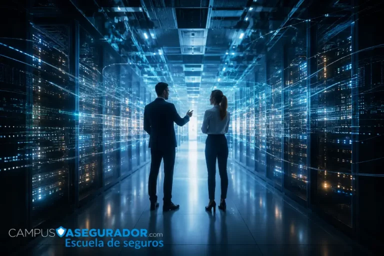 Big Data e Innovación en Formación para Seguros Profesionales observando racks de servidores con flujos digitales de datos en entorno de Campus Asegurador.