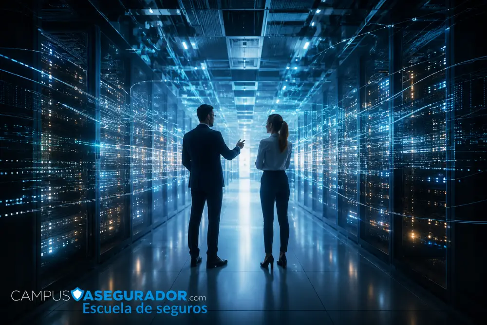 Big Data e Innovación en Formación para Seguros Profesionales observando racks de servidores con flujos digitales de datos en entorno de Campus Asegurador.