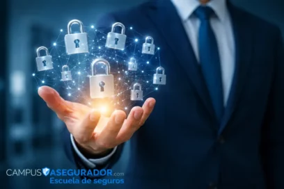 Mano de empresario sosteniendo red de candados digitales brillantes, simbolizando ciberseguridad y protección de datos.