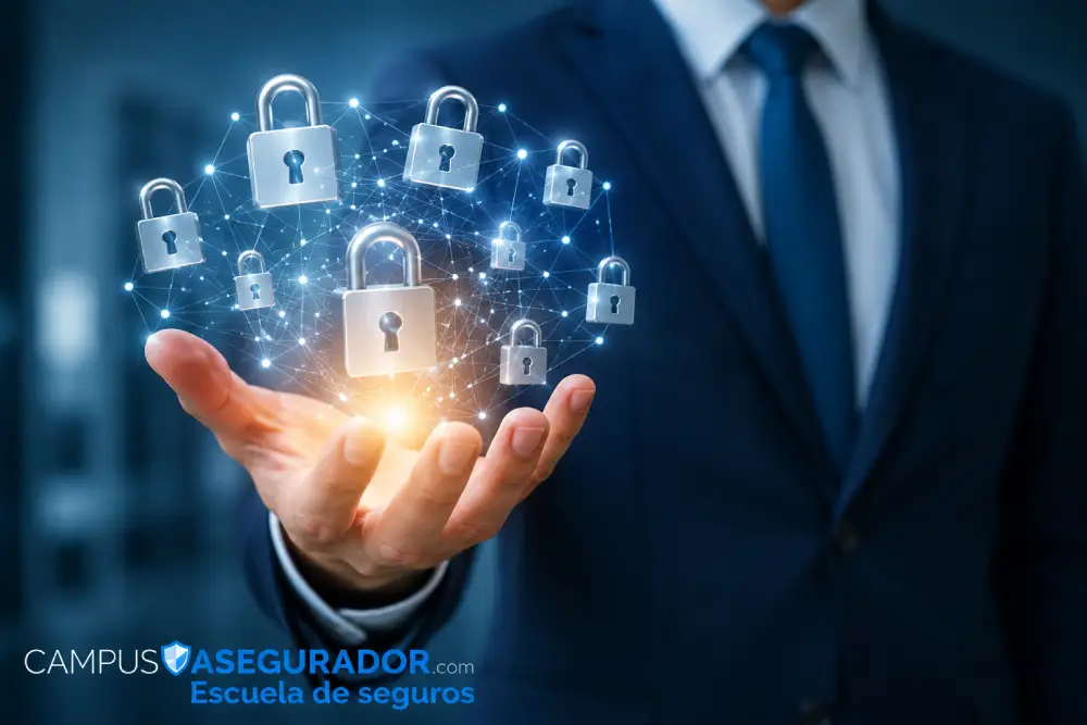 Mano de empresario sosteniendo red de candados digitales brillantes, simbolizando ciberseguridad y protección de datos.