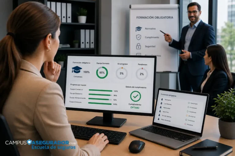 Cumplimiento de la formación obligatoria en seguros | Campus Asegurador Equipo profesional supervisando el cumplimiento y progreso de la formación obligatoria en seguros.