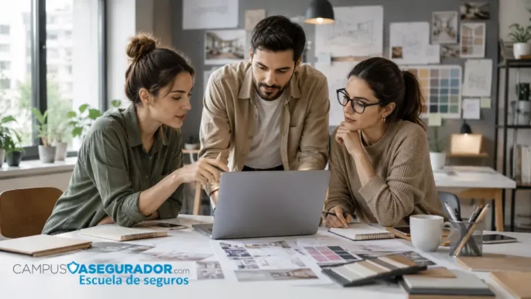 Colaboración de Equipo en Espacio de Trabajo Creativo Tres colegas analizan datos en un ordenador portátil durante una reunión en oficina de diseño.