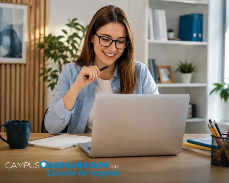 Cursos y Formación para Agentes de Seguros Online Mujer sonriente estudiando con ordenador portátil y bolígrafo, entorno educativo de Campus Asegurador Escuela de Seguros.