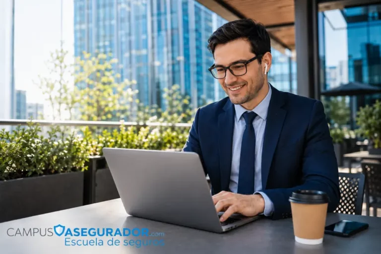 Profesional de Negocios Trabajando con Laptop en Ciudad Ejecutivo con traje y auriculares usando laptop en mesa de terraza urbana junto a café para llevar.