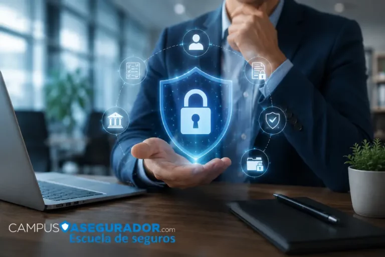 Impacto de la LOPDGDD en el sector asegurador – Campus Asegurador Profesional del sector asegurador protegiendo datos mediante un escudo digital con candado, símbolo de privacidad y cumplimiento de la LOPDGDD.