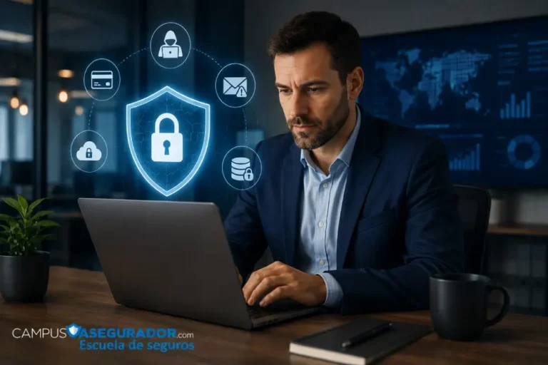 Ciberseguros y gestión de riesgos empresariales | Campus Asegurador Profesional analizando riesgos de ciberseguridad y protección empresarial mediante ciberseguros.