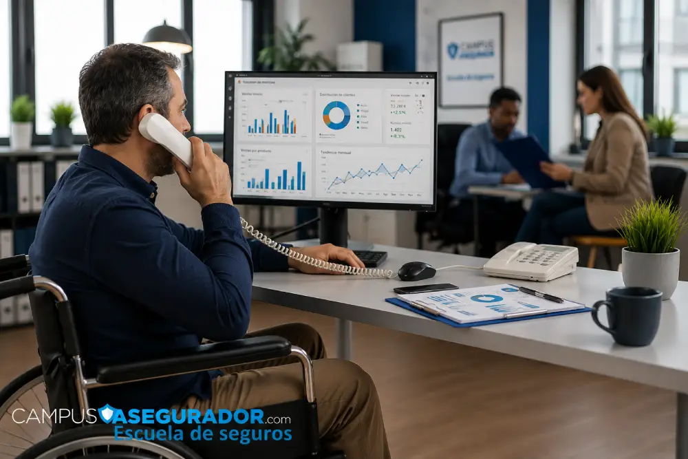 Profesional en silla de ruedas trabajando frente a monitor con analítica de datos en Campus Asegurador.