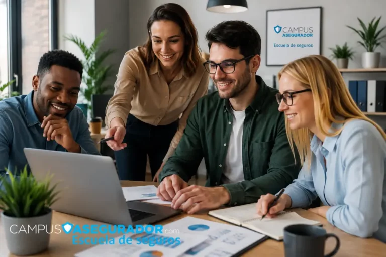 Curso de Seguros y Capacitación Profesional en Seguros Grupo de profesionales colaborando frente a ordenador portátil en Campus Asegurador, centro de formación de seguros.