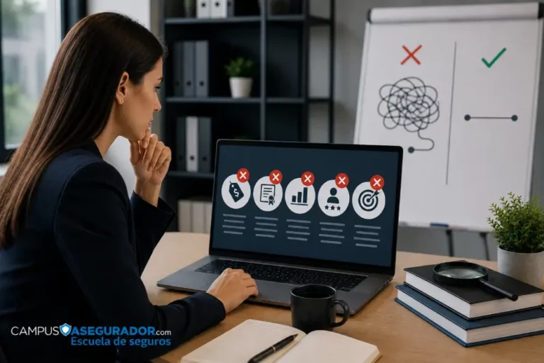 Errores frecuentes al elegir formación en seguros | Campus Asegurador Profesional evaluando opciones para evitar errores al elegir formación en seguros.