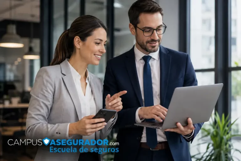 Formación Online en Seguros y Capacitación Profesional Profesionales de seguros consultando plataforma educativa de Campus Asegurador en laptop y móvil en oficina moderna.