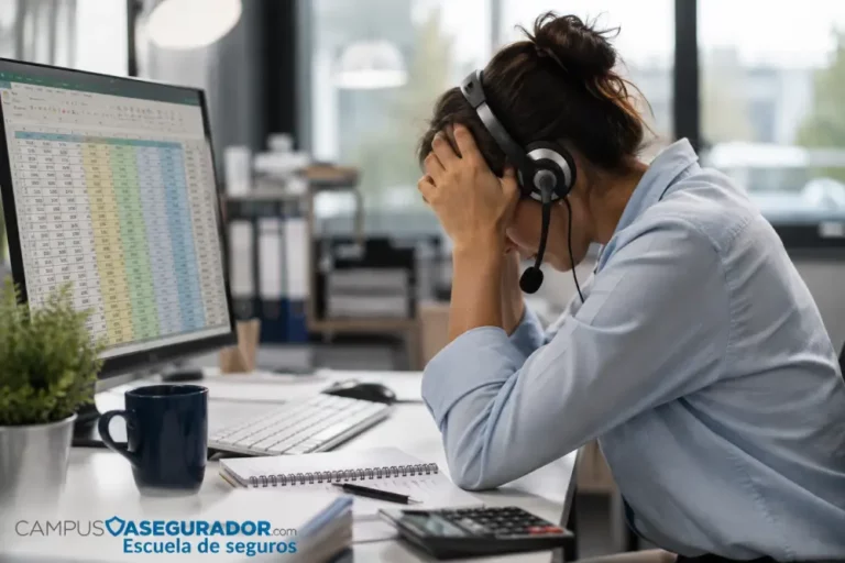 Gestión del Estrés Laboral en el Sector de Seguros Profesional con auriculares muestra agotamiento frente a hoja de cálculo en oficina de seguros Campus Asegurador.