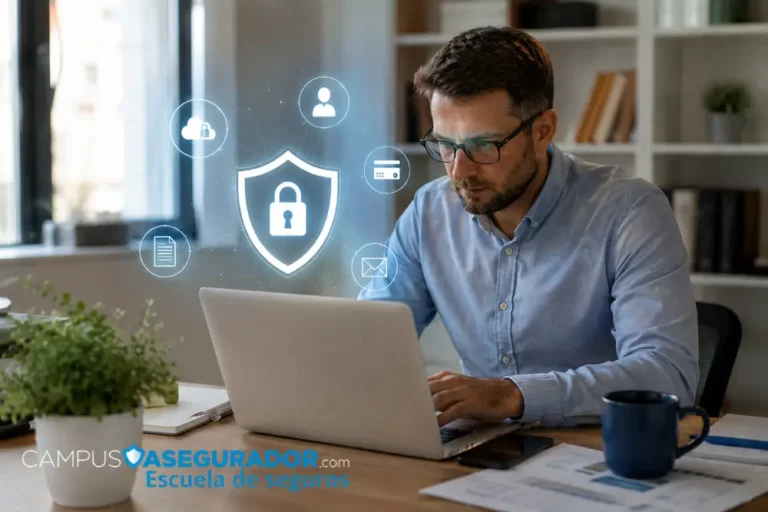Ciberseguridad para Profesionales del Seguro | Campus Persona operando teclado de laptop con aviso de Cyber Security y logo de Campus Asegurador junto a una taza de café.
