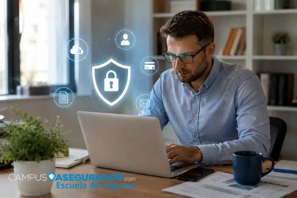 Persona operando teclado de laptop con aviso de Cyber Security y logo de Campus Asegurador junto a una taza de café.