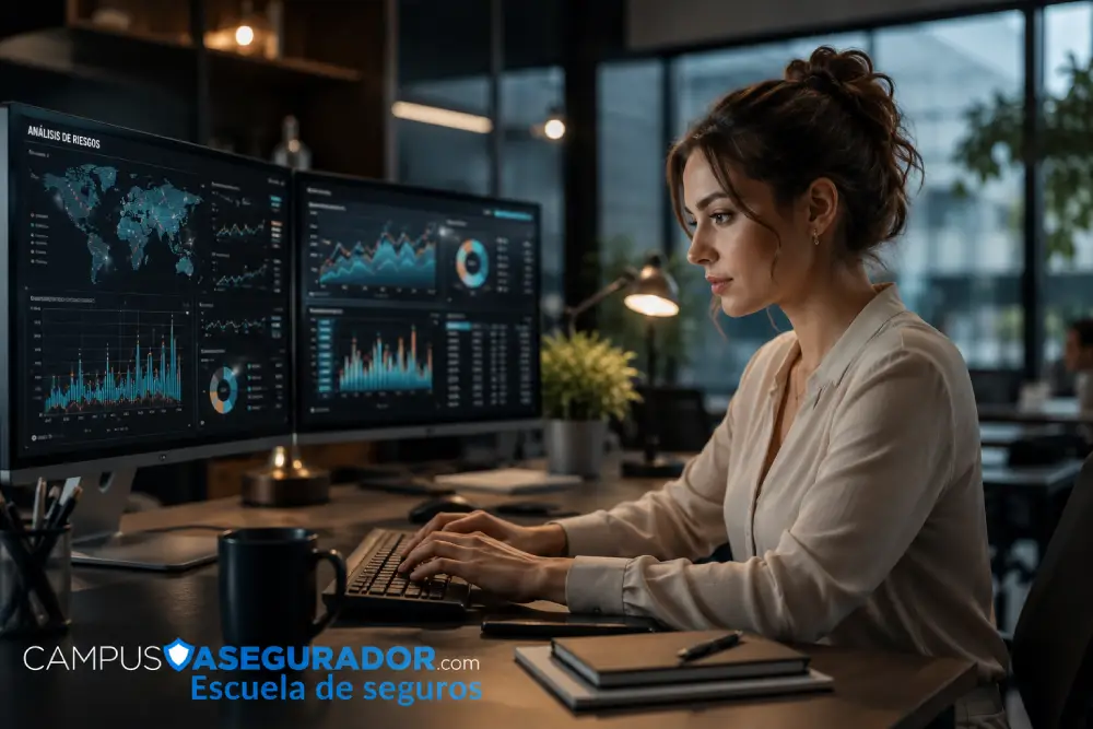 Profesional analizando datos complejos en monitores digitales para Campus Asegurador Escuela de Seguros.