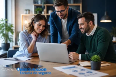 Profesionales analizan datos en ordenador portátil en oficina de Campus Asegurador Escuela de Seguros.