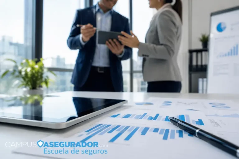 Formación Profesional en Seguros | Campus Asegurador Gráficos de negocio con tablet y pluma frente a profesionales de seguros en Campus Asegurador.
