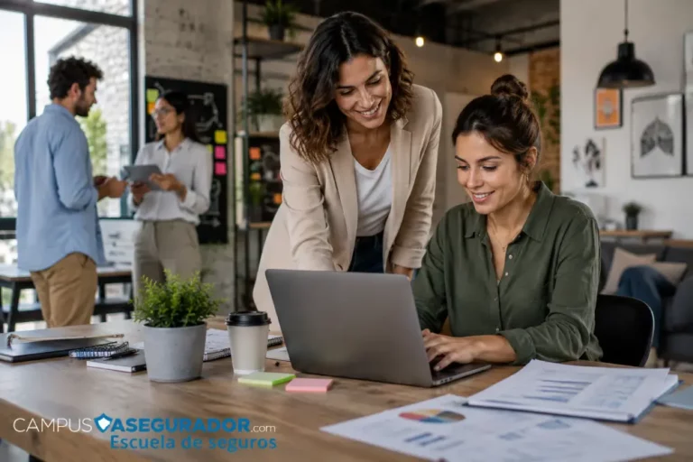 Campus Asegurador: Escuela Líder en Formación de Seguros Dos mujeres colaborando con ordenador portátil en oficina, sello Campus Asegurador Escuela de Seguros.