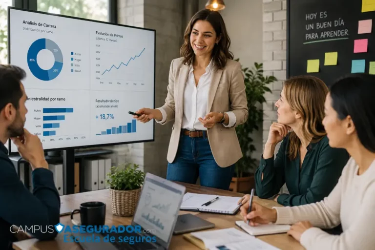 Capacitación Profesional en Seguros | Campus Asegurador Mujer profesional presenta análisis de datos financieros en Campus Asegurador para capacitación de mediadores.