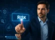 Ejecutivo de negocios interactuando con botón virtual RISK sobre fondo tecnológico de código binario y abstracción digital.