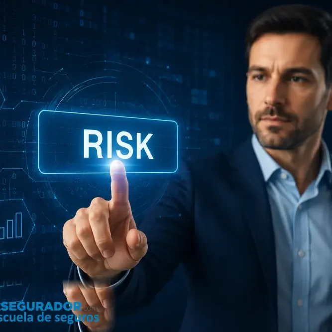 Ejecutivo de negocios interactuando con botón virtual RISK sobre fondo tecnológico de código binario y abstracción digital.