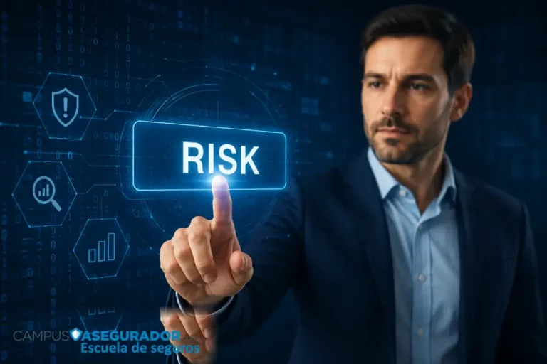 Gestión de Riesgos Corporativos y Estrategia Digital Ejecutivo de negocios interactuando con botón virtual RISK sobre fondo tecnológico de código binario y abstracción digital.