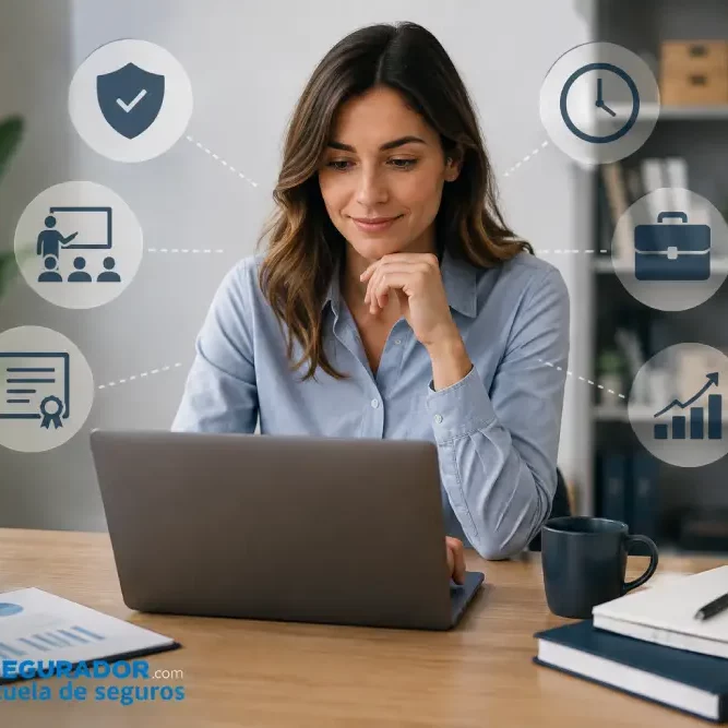 Profesional realizando formación de Distribuidor de Seguros Nivel 1 para desarrollar su carrera en el sector asegurador.