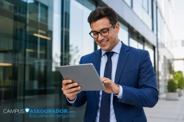 Productividad Digital en Entornos de Negocios Modernos Profesional con traje azul y gafas sonríe al usar tableta digital frente a fachada de edificio corporativo moderno.