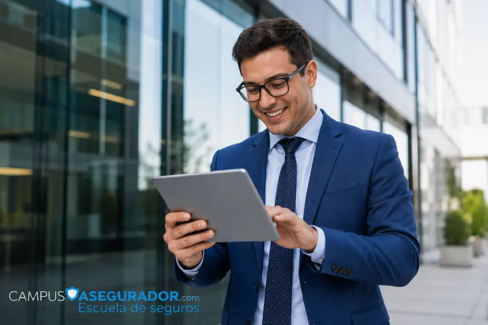 Profesional con traje azul y gafas sonríe al usar tableta digital frente a fachada de edificio corporativo moderno.