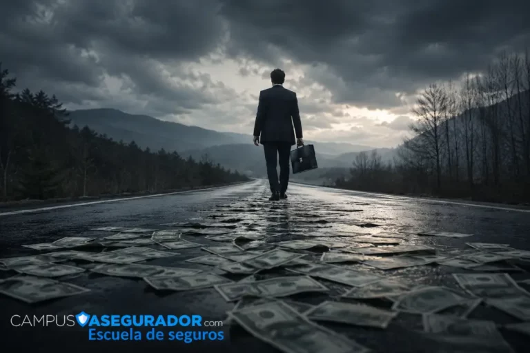 Carrera Profesional y Éxito en Sector Seguros Profesional con maletín camina por calzada llena de dólares bajo cielo tormentoso. Marca Campus Asegurador.
