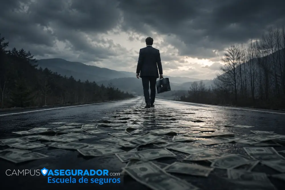 Carrera Profesional y Éxito en Sector Seguros Profesional con maletín camina por calzada llena de dólares bajo cielo tormentoso. Marca Campus Asegurador.