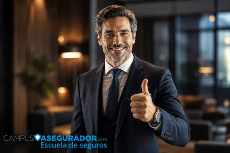 Formación y Capacitación para Profesionales de Seguros Hombre trajeado con pulgar arriba y logo de Campus Asegurador, simbolizando éxito en formación profesional de seguros.
