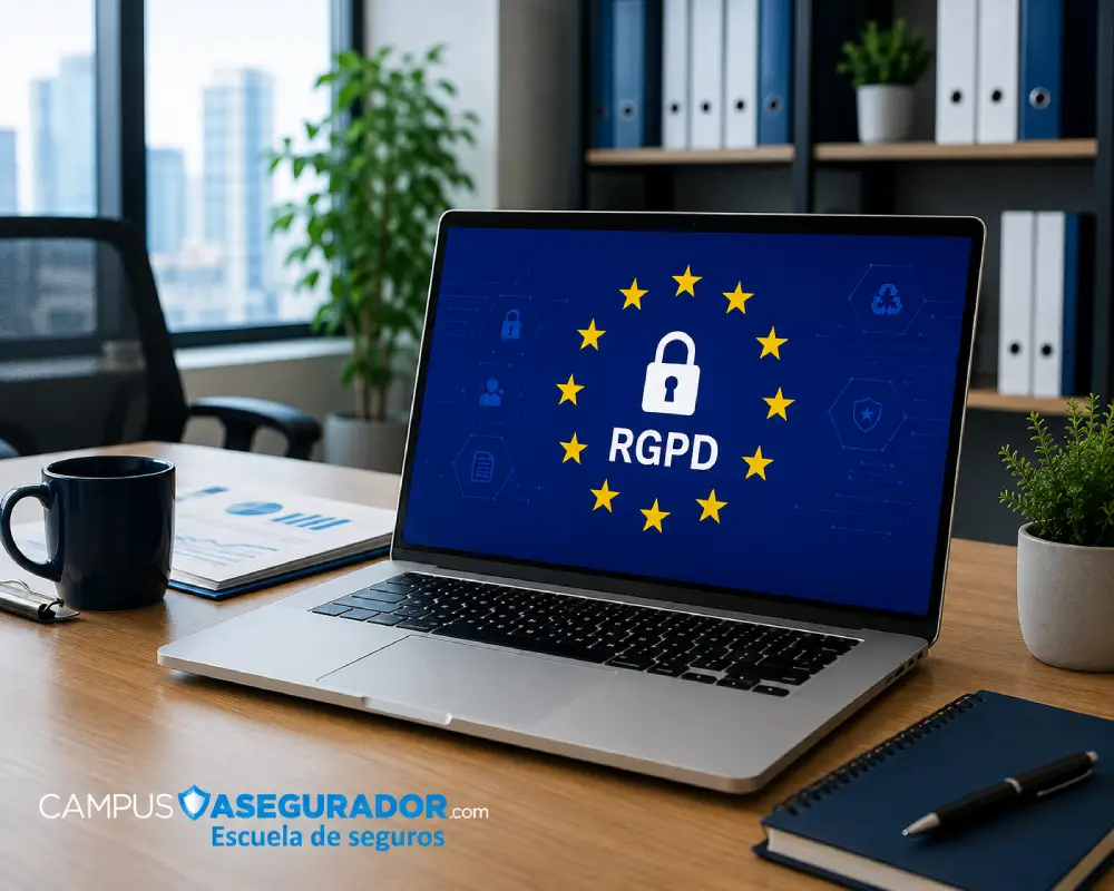 Portátil en oficina mostrando el logo de RGPD con bandera de la UE y candado sobre fondo azul de seguridad digital.