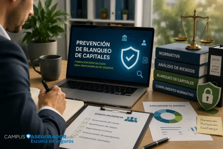 Cursos de prevención de blanqueo de capitales | Campus Asegurador Profesional realizando formación especializada en prevención de blanqueo de capitales, análisis de riesgos y cumplimiento normativo.