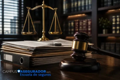 Mazo de juez sobre expedientes con balanza de justicia dorada y logotipo de Campus Asegurador Escuela de Seguros.