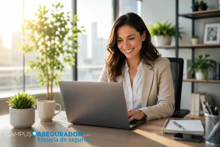 Liderazgo Femenino en Entorno de Oficina Corporativa Mujer ejecutiva sonriente sentada en escritorio de oficina moderna con luz solar de fondo y plantas decorativas.