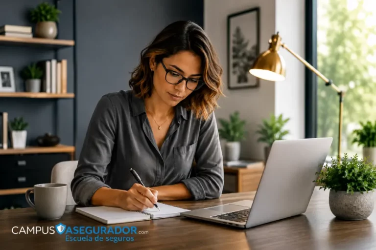 Estrategias de Productividad en el Trabajo Híbrido Mujer con gafas y blusa gris toma notas en cuaderno junto a ordenador portátil en oficina moderna con iluminación natural.