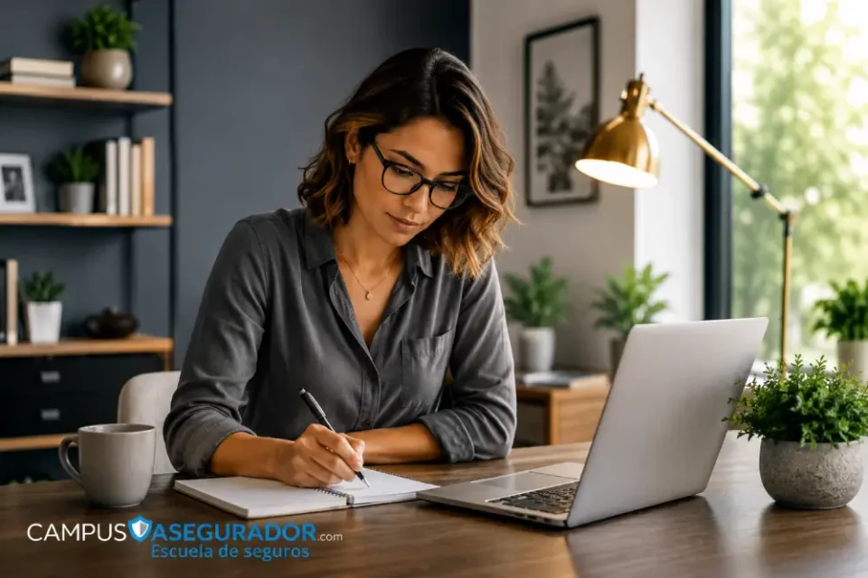 Mujer con gafas y blusa gris toma notas en cuaderno junto a ordenador portátil en oficina moderna con iluminación natural.