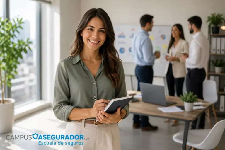 Liderazgo Femenino y Colaboración en Oficina Moderna Mujer profesional sonriendo con libreta en oficina moderna y equipo de trabajo desenfocado al fondo.