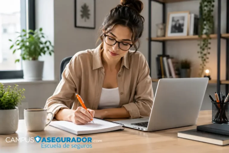 Mujer Trabajando con Laptop y Tomando Notas en Casa Mujer con gafas escribe notas frente a laptop plateada con bolígrafo naranja en entorno de oficina doméstica moderna.