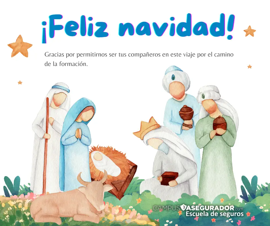 Ilustración acuarela del Portal de Belén con felicitación de Navidad y logo de Campus Asegurador Escuela de Seguros.
