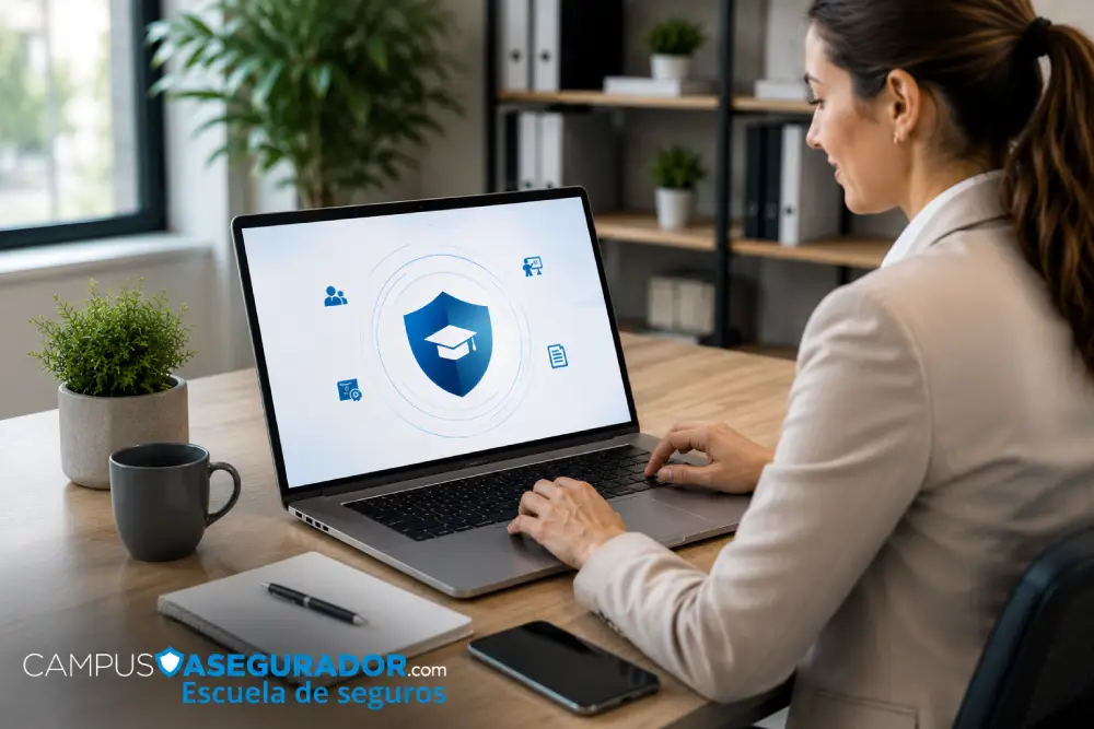 Profesional realizando formación continua online en seguros a través de Campus Asegurador.