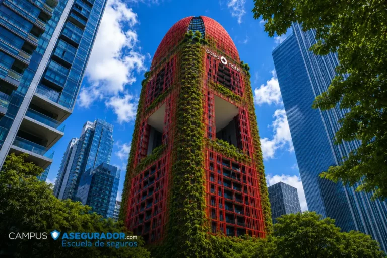 Arquitectura Biofílica Oasia Hotel Downtown Singapur Fachada roja con vegetación vertical del Oasia Hotel Downtown en Singapur, vista contrapicada entre rascacielos modernos.