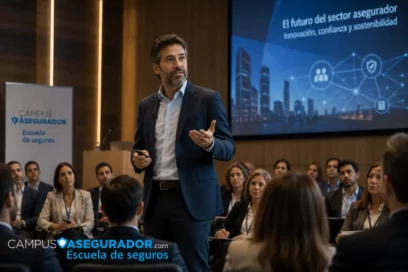 Ponente profesional impartiendo clase magistral en la Escuela de Seguros Campus Asegurador frente a un auditorio.