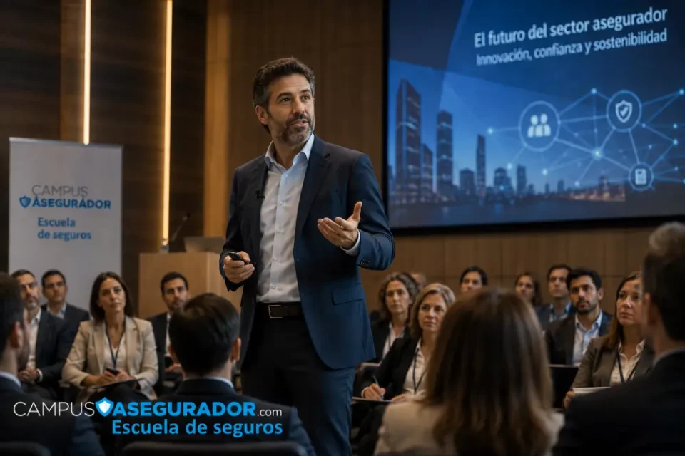 Ponente profesional impartiendo clase magistral en la Escuela de Seguros Campus Asegurador frente a un auditorio.