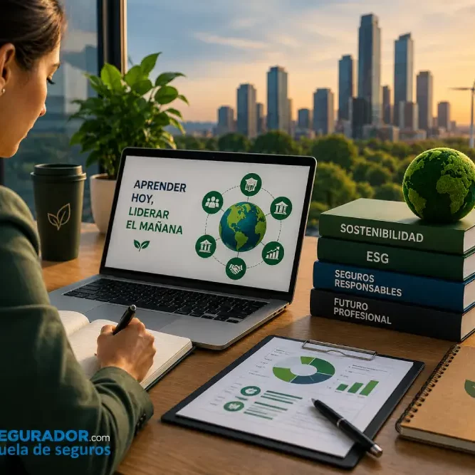 Profesional formándose en sostenibilidad y criterios ESG para impulsar su carrera en el sector asegurador.