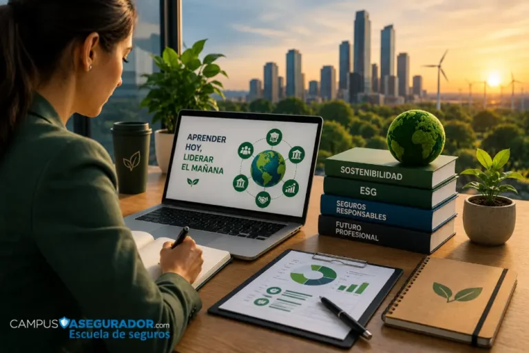 Formación en sostenibilidad y ESG para profesionales de seguros | Campus Asegurador Profesional formándose en sostenibilidad y criterios ESG para impulsar su carrera en el sector asegurador.