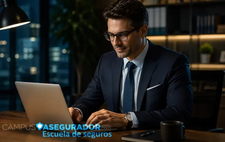 Formación Online para Agentes y Mediadores de Seguros Profesional en traje usando laptop en oficina con logotipo de Campus Asegurador Escuela de Seguros.
