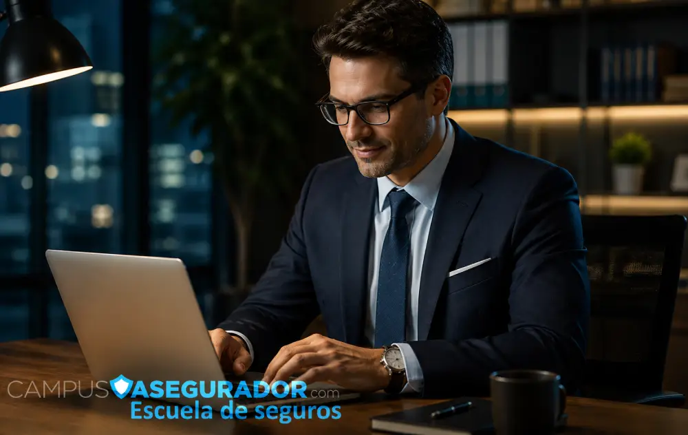Formación Online para Agentes y Mediadores de Seguros Profesional en traje usando laptop en oficina con logotipo de Campus Asegurador Escuela de Seguros.