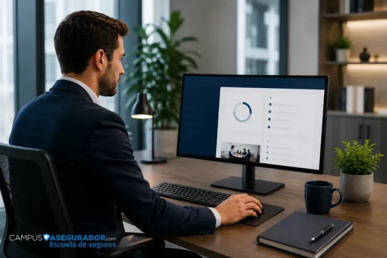 Formación Especializada para Profesionales de Seguros Profesional de seguros trabajando frente a monitor en oficina corporativa de Campus Asegurador Escuela de Seguros.